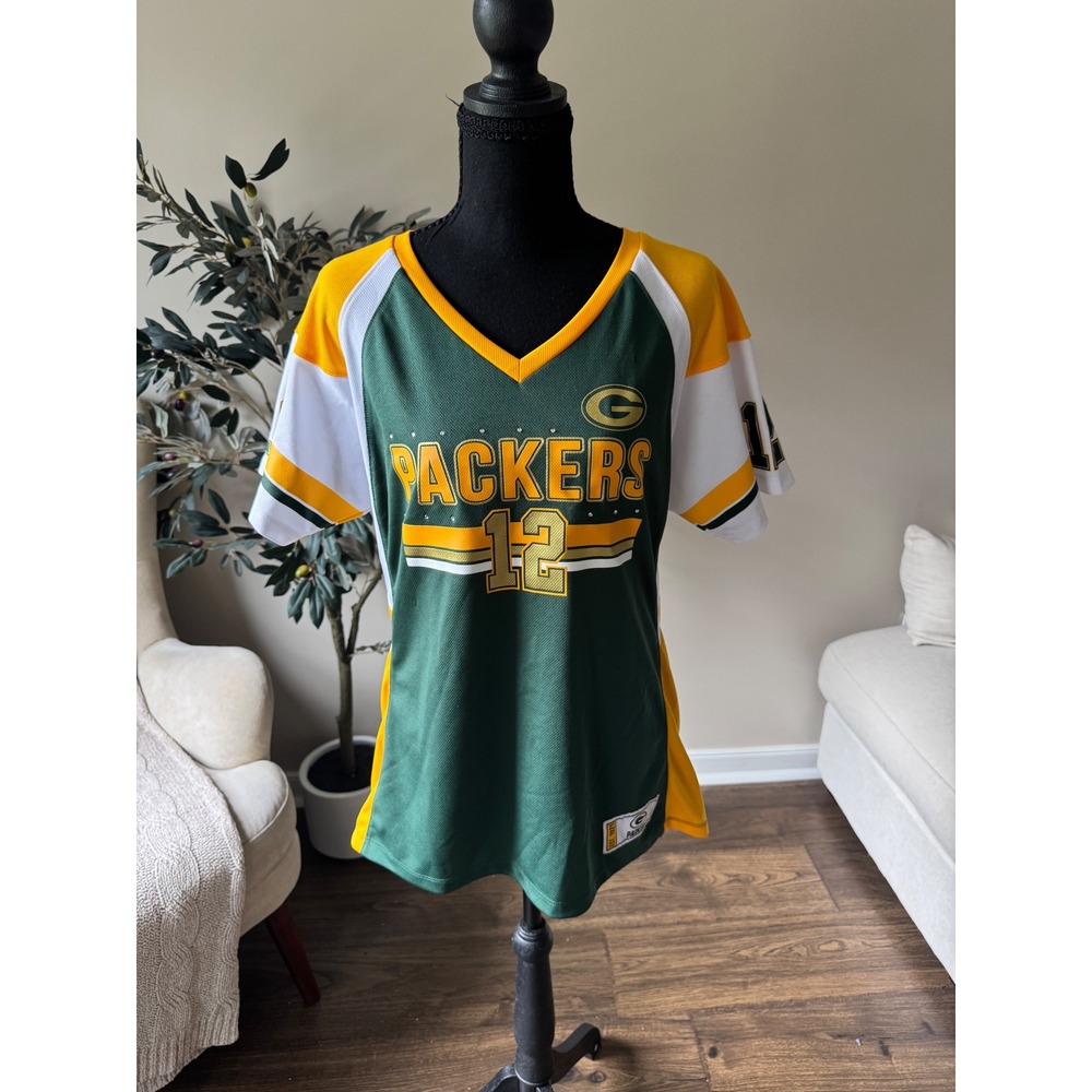 Majestic Green Bay Packers Aaron Rodgers 12 Jersey Womens Large Green Gold NFL